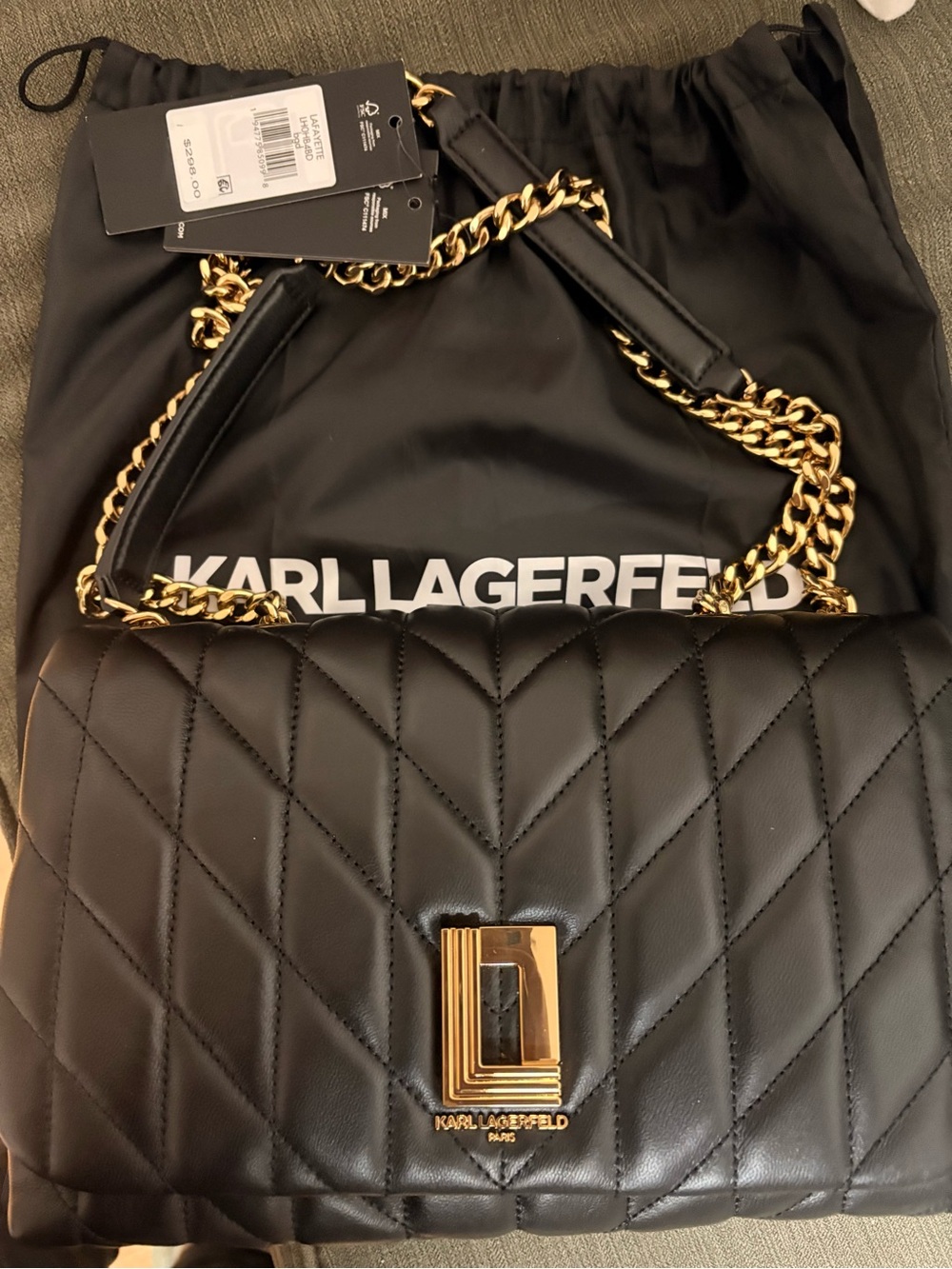 Karl Lagerfeld Black Quilted Shoulder Bag with Gold Chain